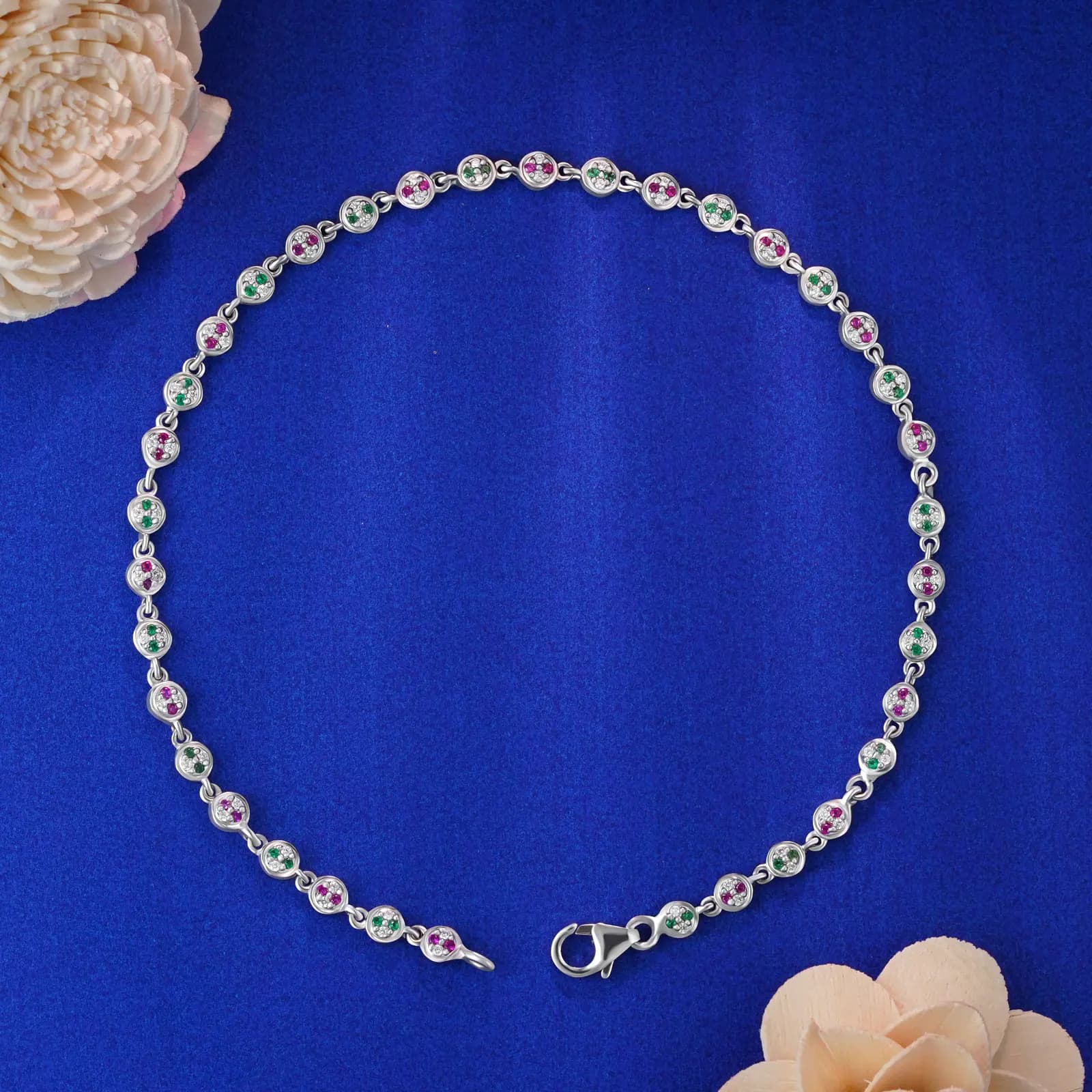Pink–Green CZ Stone Beaded Silver Anklet Pink–Green CZ Stone Beaded Silver Anklet